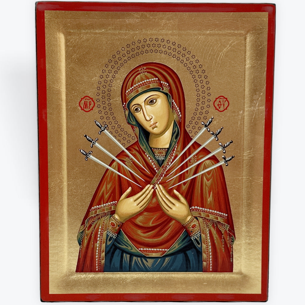 Virgin Mary With 7 Swords - Wooden Icon In Canvas With Gold Background On Carved Wood - Mount Athos
