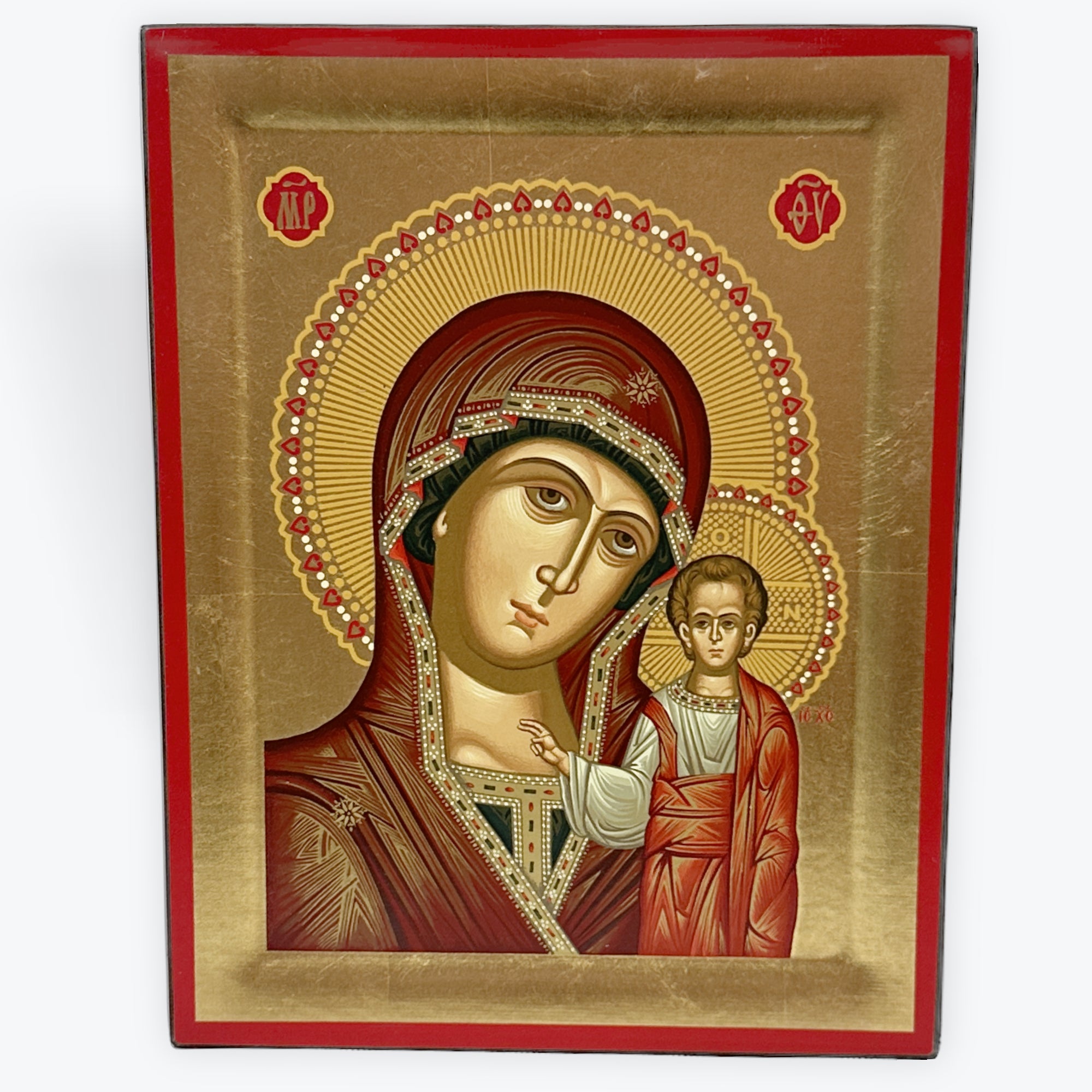 Virgin Mary Of Kazan - Wooden Icon In Canvas With Gold Background On Carved Wood - Mount Athos