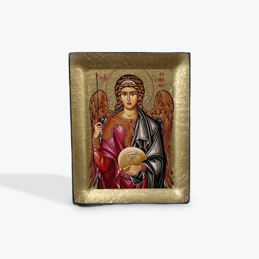 Archangel Raphael - Wooden Icon In Canvas With Gold Background On Carved Wood - Mount Athos
