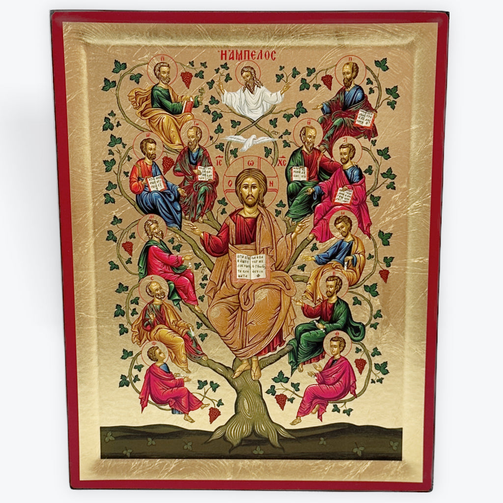 The Vine Tree -  Wooden Icon In Canvas With Gold Background On Carved Wood - Mount Athos