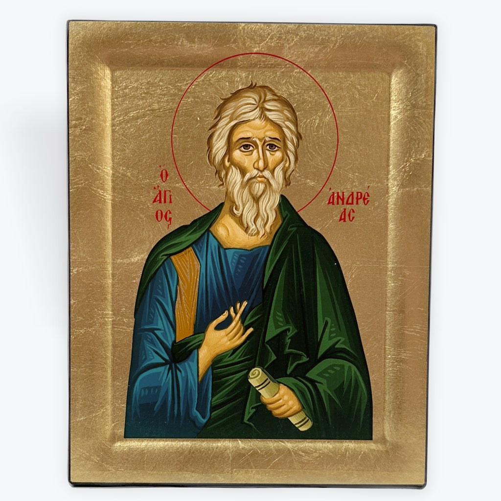 Apostle Andreas - Wooden Icon In Canvas With Gold Background On Carved Wood - Mount Athos