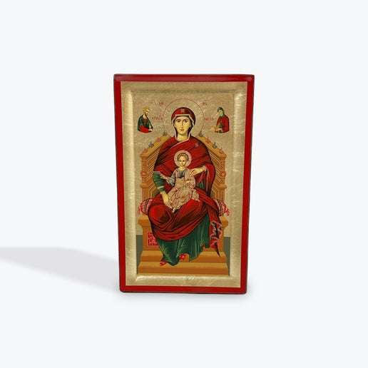 Virgin Mary Enthroned - Wooden Icon In Canvas With Gold Background On Carved Wood - Mount Athos