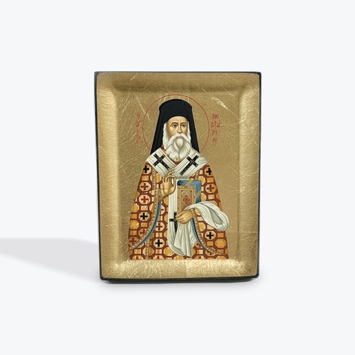 Saint Nektarios -  - Wooden Icon In Canvas With Gold Background On Carved Wood - Mount Athos