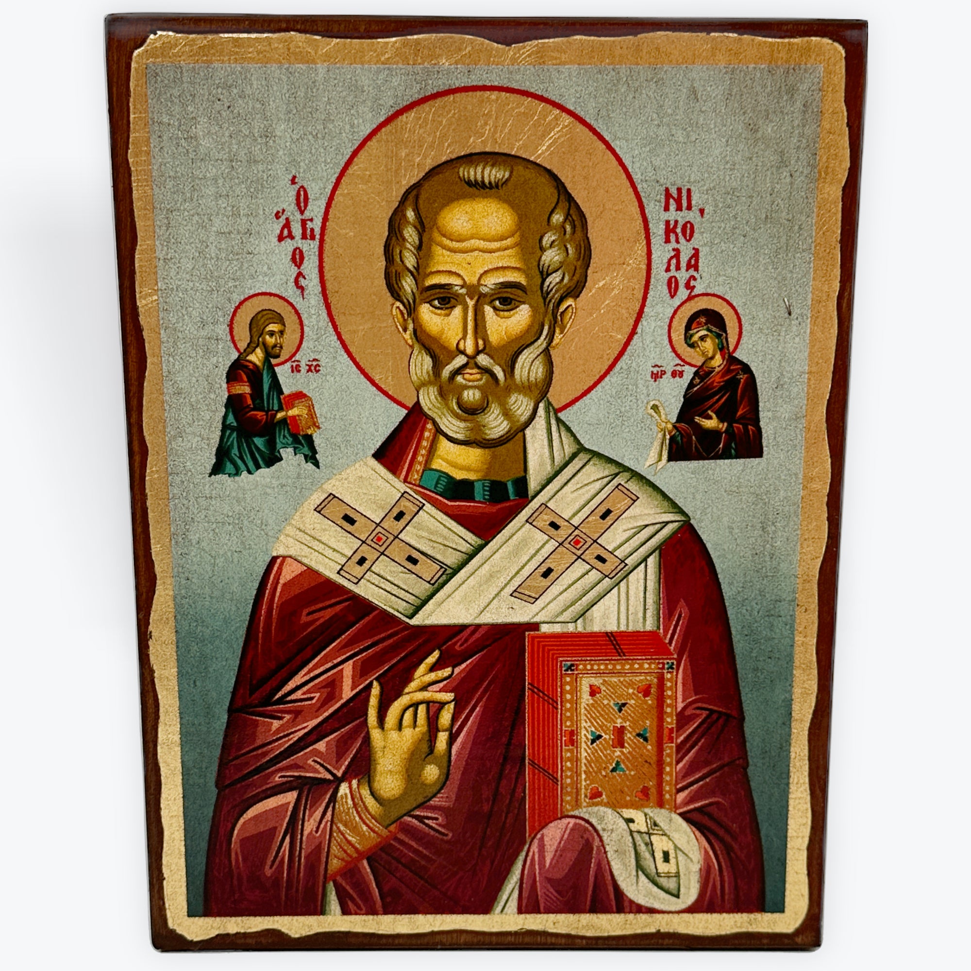 Saint Nicolaos - Aged Wooden Icon In Canvas With Gold Background - Mount Athos