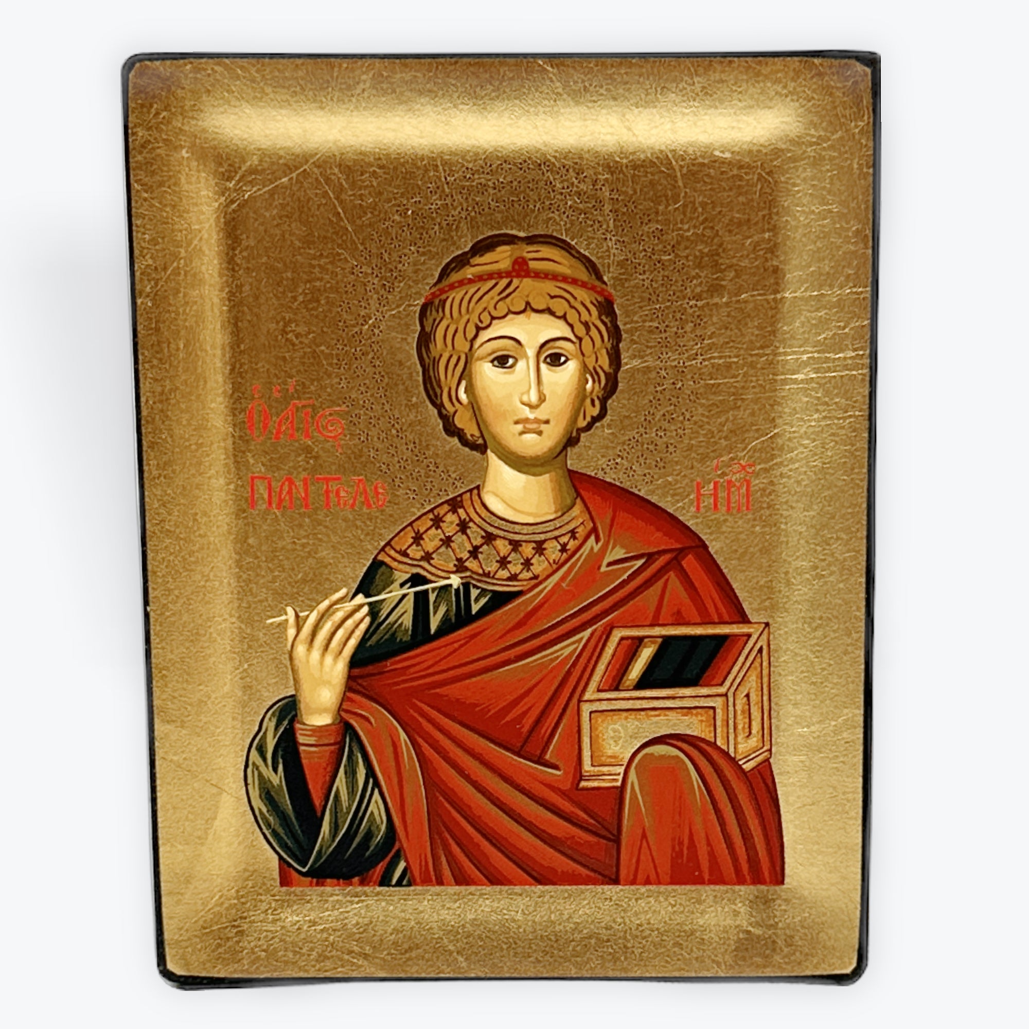 Saint Panteleimon - Wooden Icon In Canvas With Gold Background On Carved Wood - Mount Athos