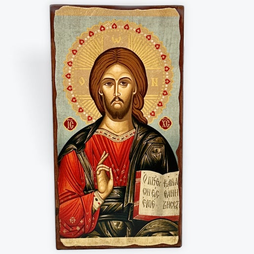 Jesus Christ From Kazan - Aged Wooden Icon In Canvas With Gold Background - Mount Athos