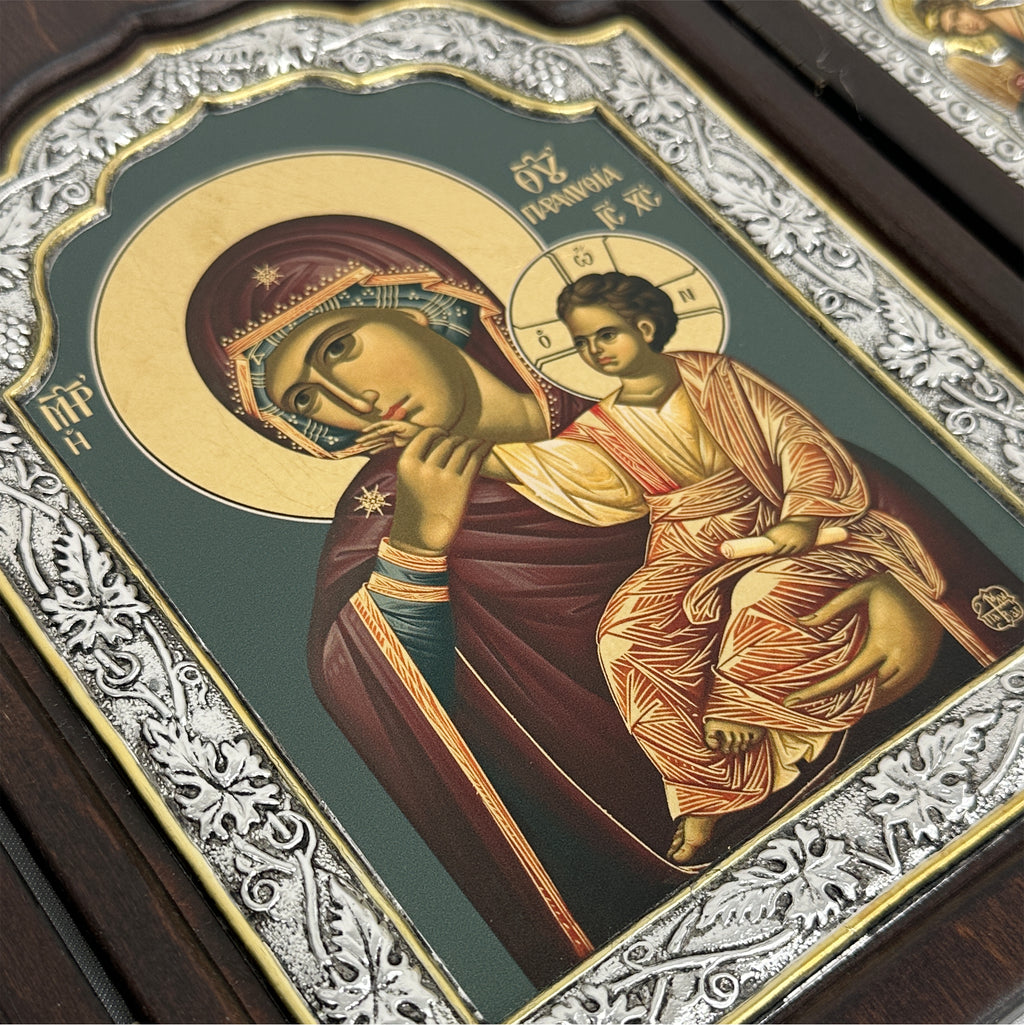SILVER TRIPTYCH ICON PLATED WITH 22K GOLD – THE MOTHER OF GOD WITH THE CHILD