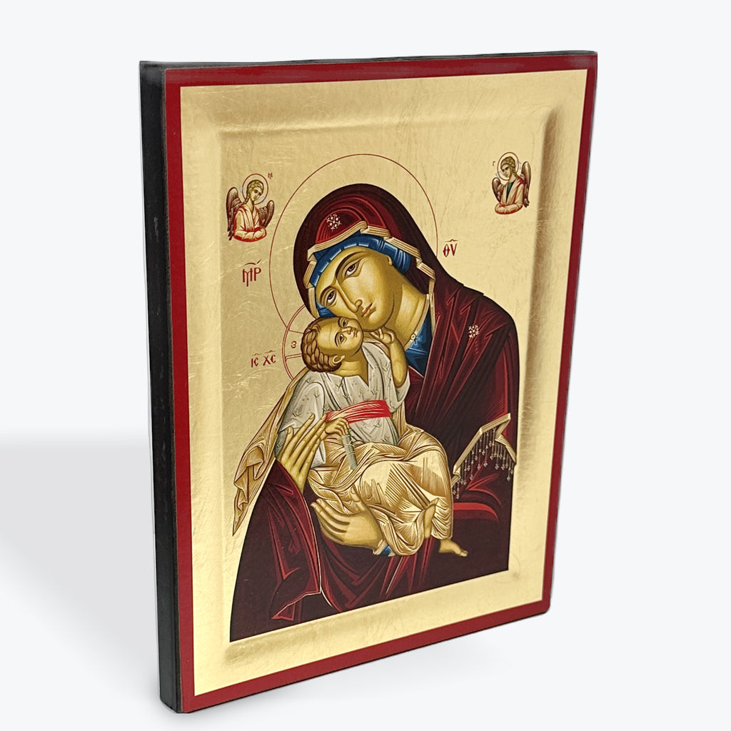 Virgin Mary Glykofilousa - Sweet Kissing - - Wooden Icon In Canvas With Gold Background On Carved Wood - Mount Athos