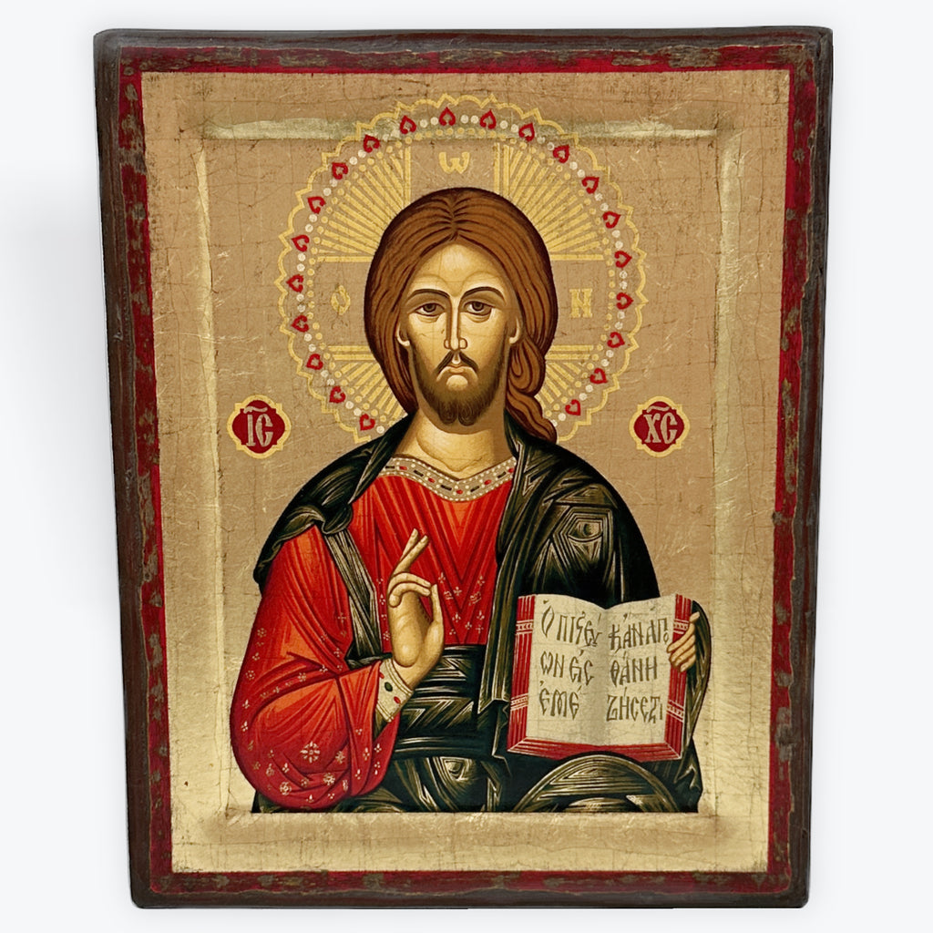 Jesus Christ From Kazan - Aged Wooden Icon In Canvas With Gold Background On Carved Wood - Mount Athos