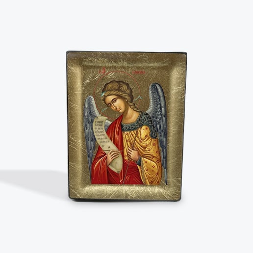 Archangel Gabriel - Wooden Icon In Canvas With Gold Background On Carved Wood - Mount Athos