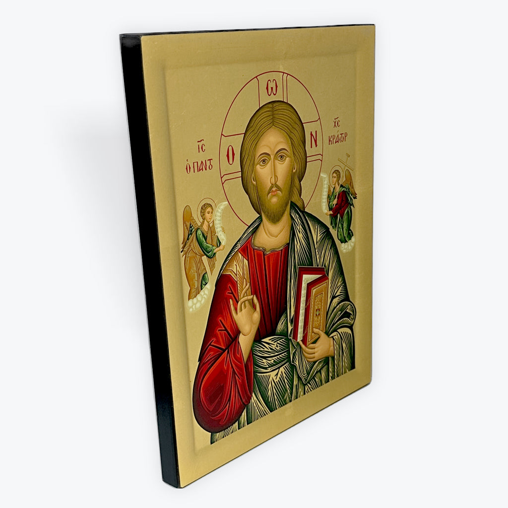 Jesus Christ Pantocrator - Wooden Icon In Canvas With Gold Background On Carved Wood - Mount Athos