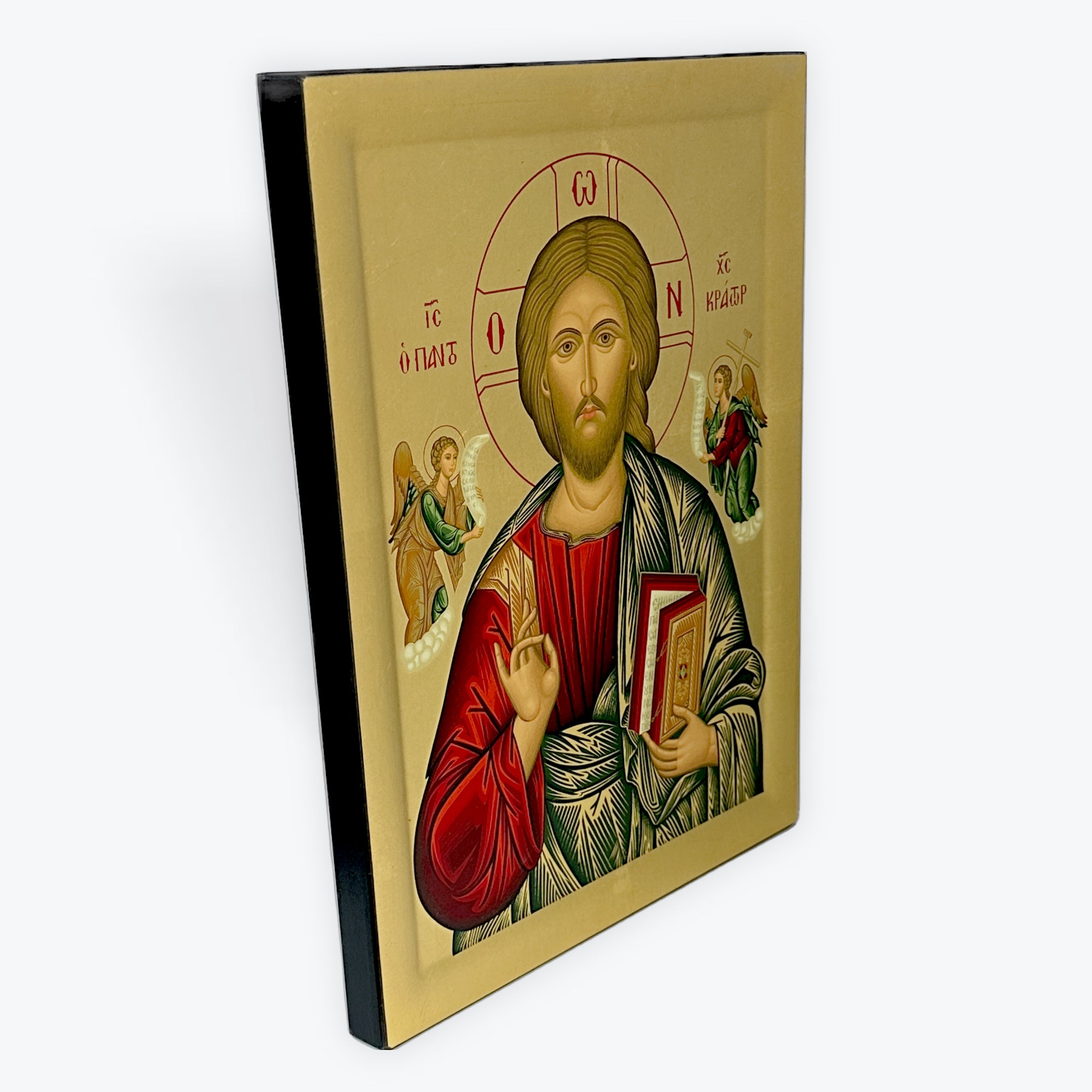 Jesus Christ Pantocrator - Wooden Icon In Canvas With Gold Background On Carved Wood - Mount Athos