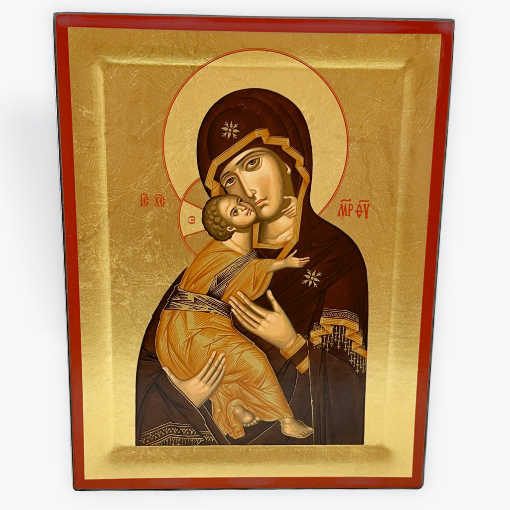 Virgin Mary Of Vladimir - Wooden Icon In Canvas With Gold Background On Carved Wood - Mount Athos