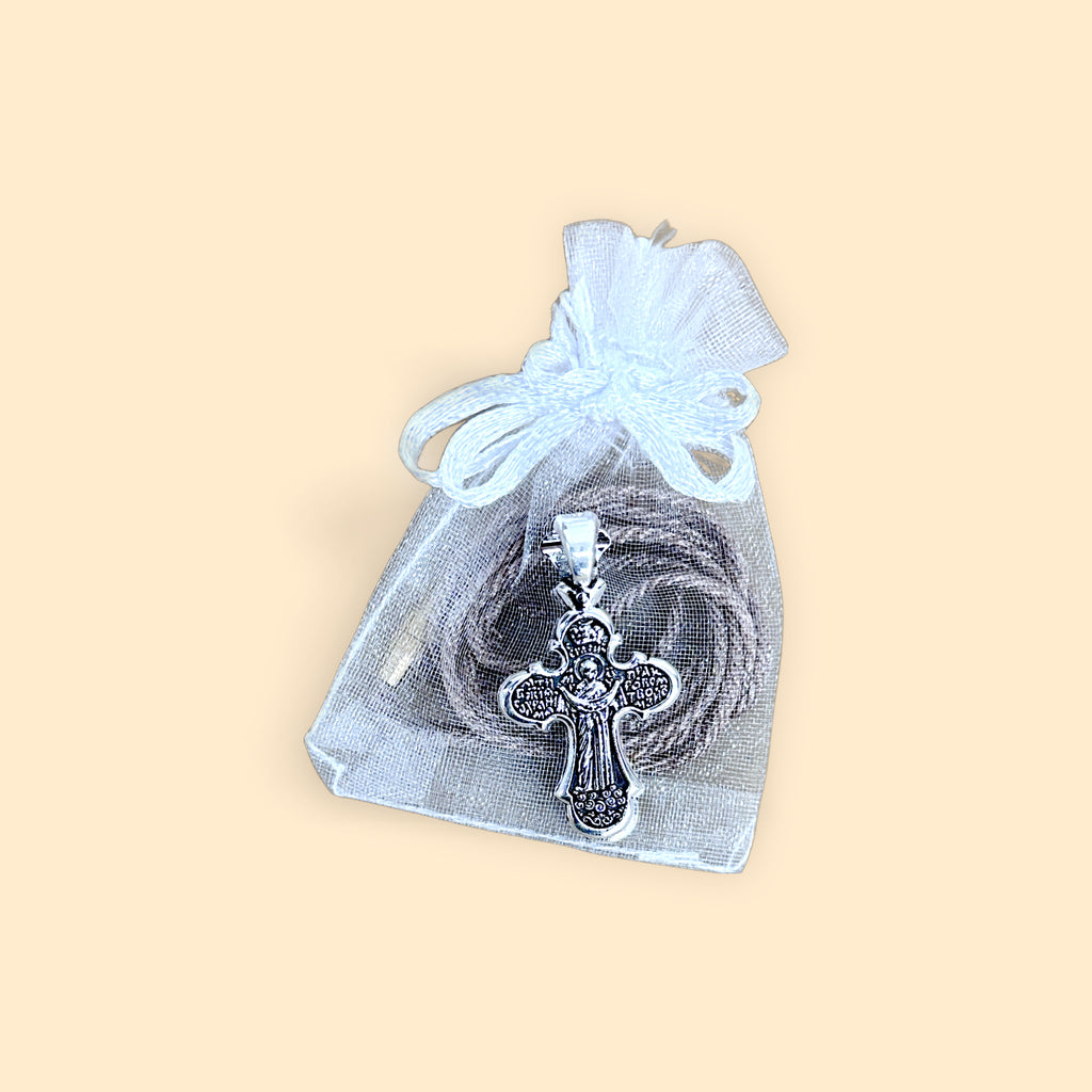 METAL CROSS PENDANT WITH BROWN CORD IN WHITE POUCH - 10 pcs