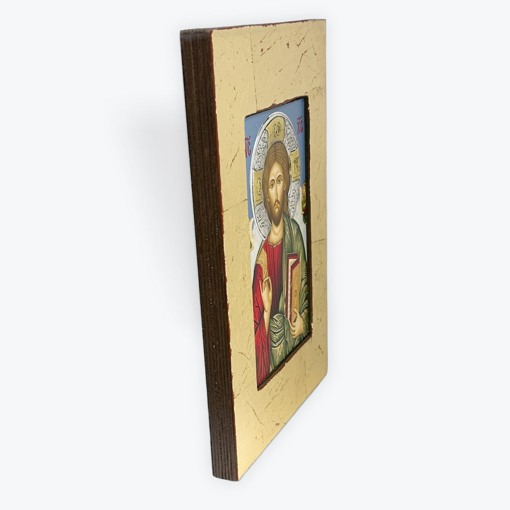 Jesus Christ Pantocrator - Aged Wooden Icon With Silver Halo Locally Gold Plated - Mount Athos
