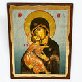 Virgin Mary Of Vladimir - Aged Wooden Icon In Canvas With Gold Background - Mount Athos