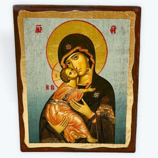 Virgin Mary Of Vladimir - Aged Wooden Icon In Canvas With Gold Background - Mount Athos