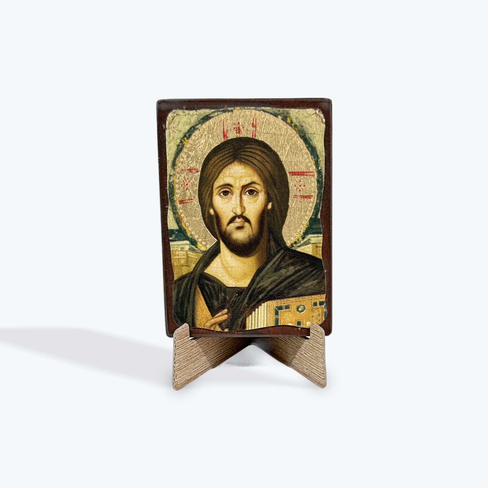 Aged Wooden Icon In Canvas With Gold Background - Mount Athos - 8 X 7 CM