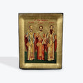 Three Hierarches - - Wooden Icon In Canvas With Gold Background On Carved Wood - Mount Athos