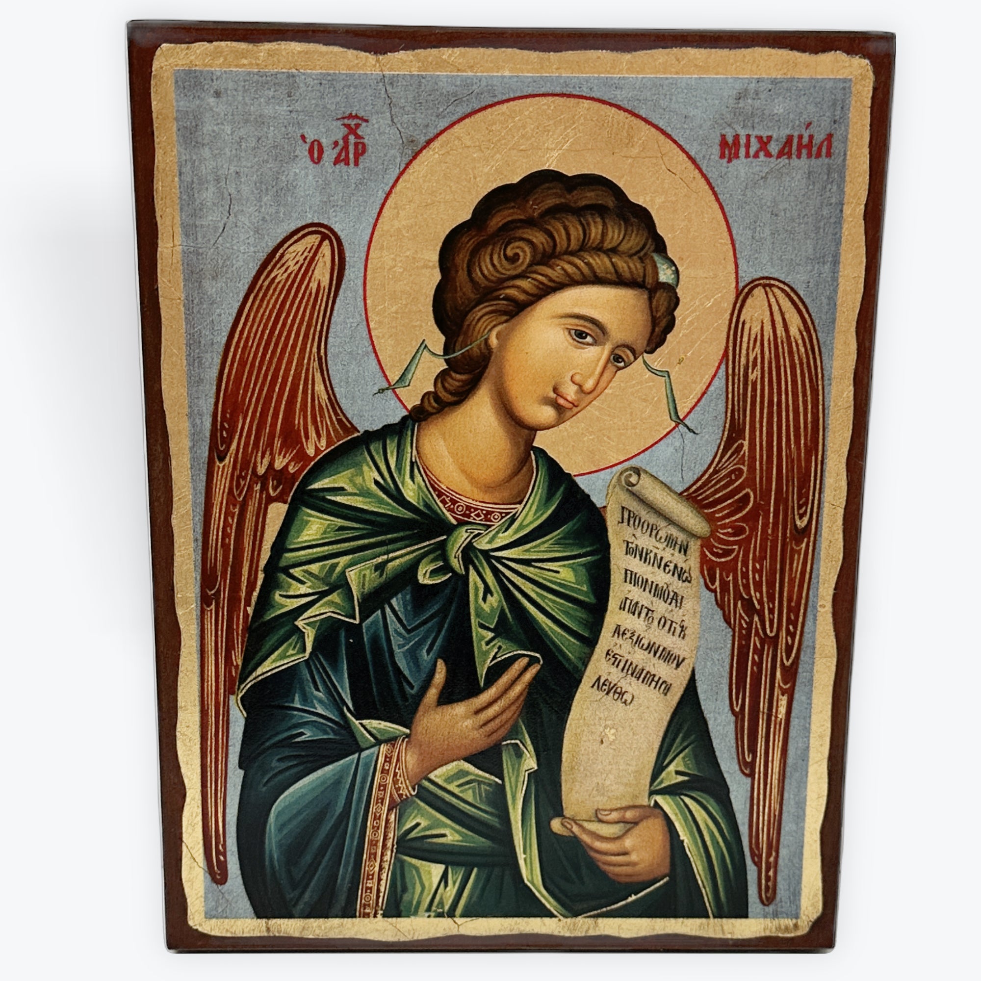 Archangel Michael - Aged Wooden Icon In Canvas With Gold Background - Mount Athos
