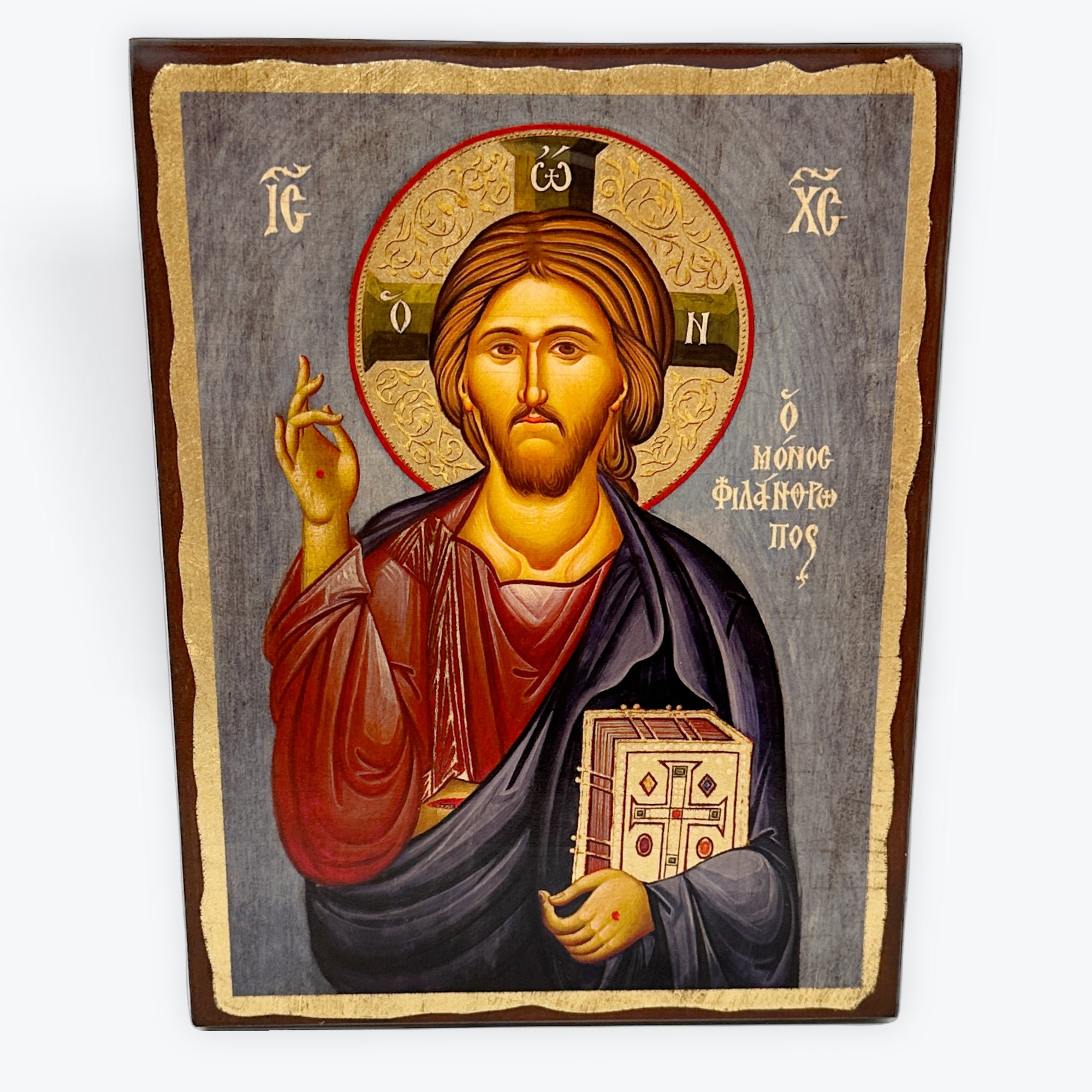 Jesus Christ - Aged Wooden Icon In Canvas With Gold Background - Mount Athos