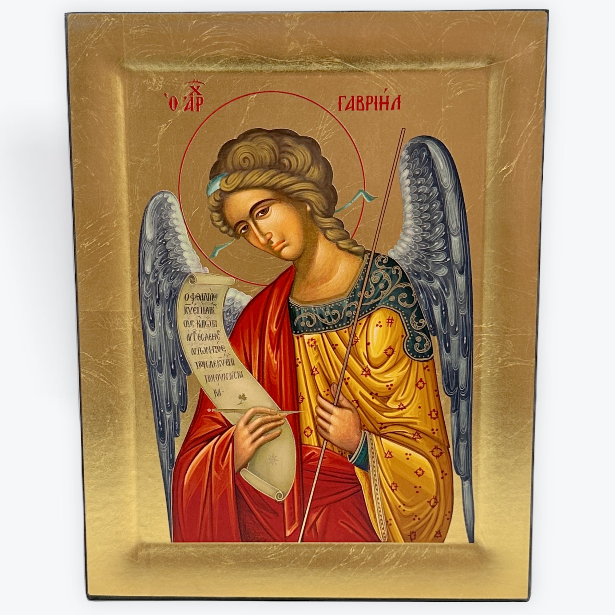 Archangel Gabriel - Wooden Icon In Canvas With Gold Background On Carved Wood - Mount Athos