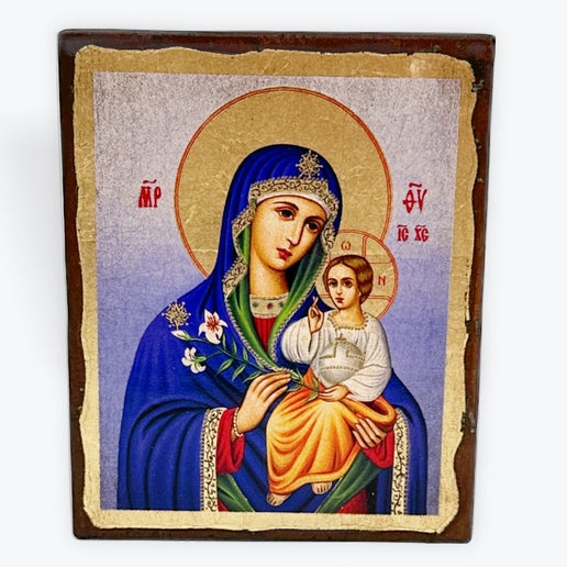 Virgin Mary Eternal Bloom - Aged Wooden Icon In Canvas With Gold Background - Mount Athos