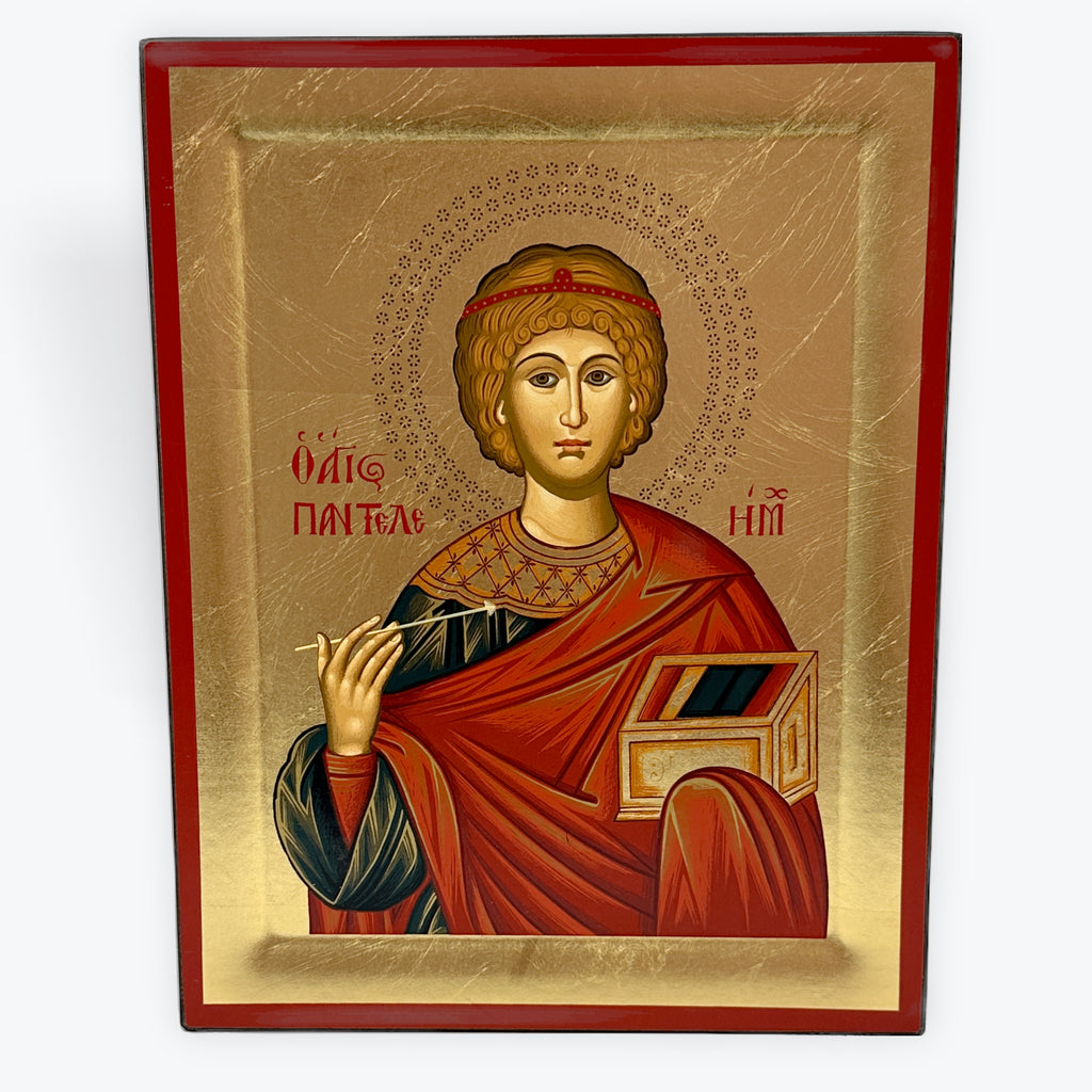 Saint Panteleimon - Wooden Icon In Canvas With Gold Background On Carved Wood - Mount Athos