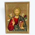 Jesus Christ Pantocrator - Wooden Icon In Canvas With Gold Background On Carved Wood - Mount Athos