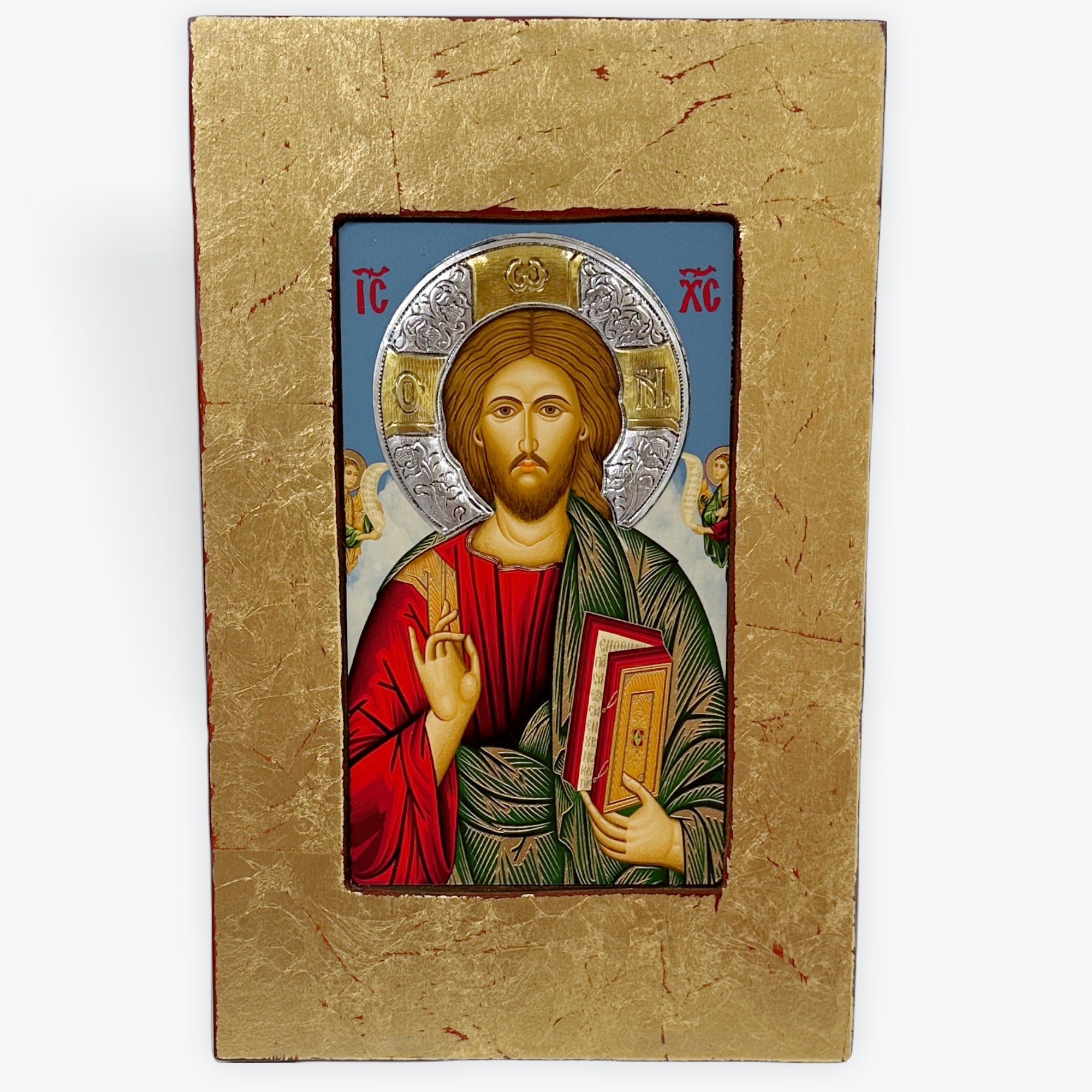 Jesus Christ Pantocrator - Aged Wooden Icon With Silver Halo Locally Gold Plated - Mount Athos