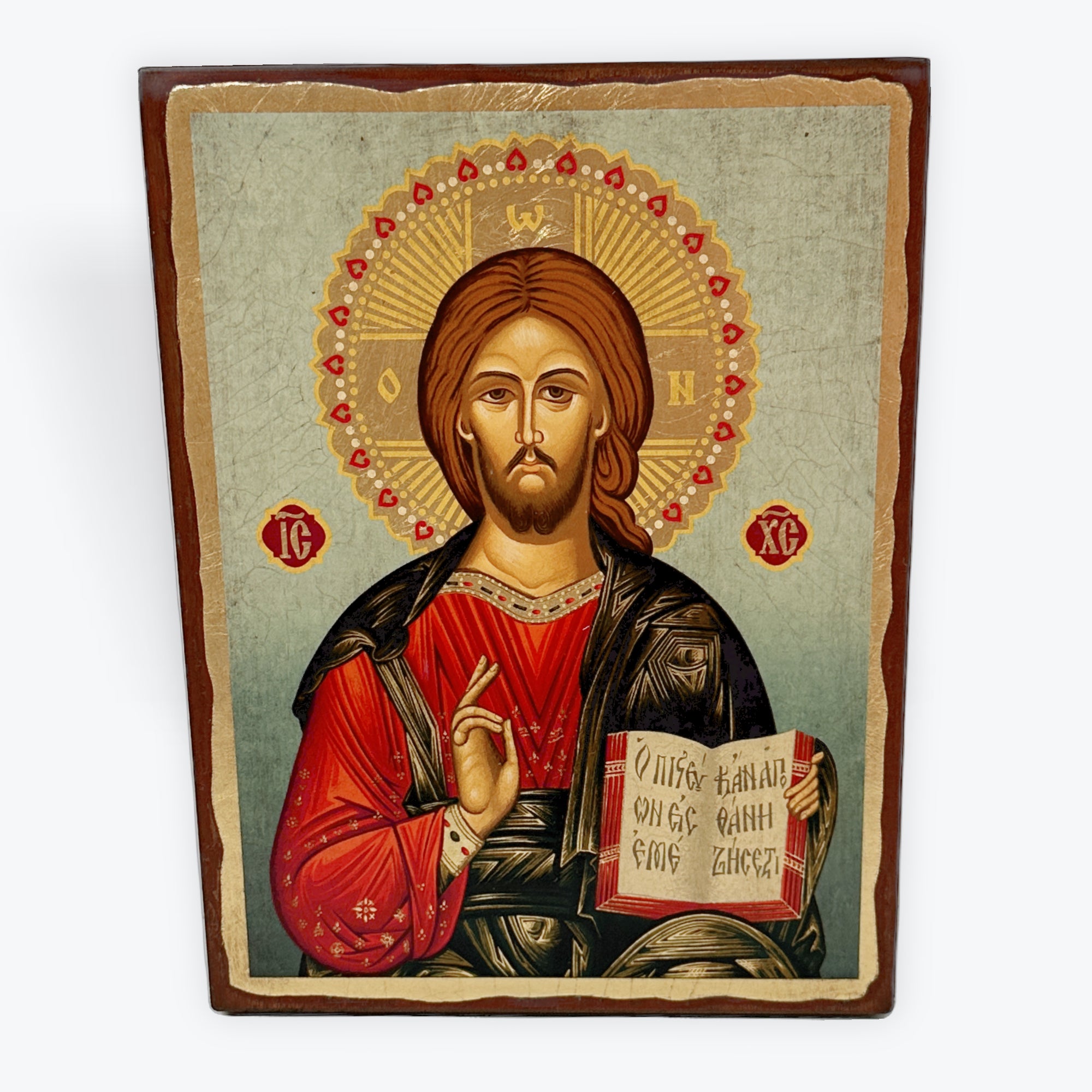 Jesus Christ From Kazan - Aged Wooden Icon In Canvas With Gold Background - Mount Athos