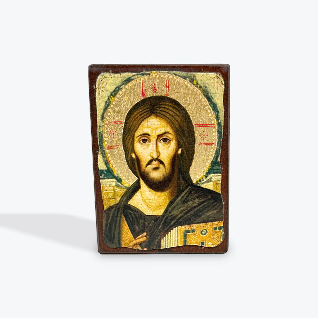 Aged Wooden Icon In Canvas With Gold Background - Mount Athos - 8 X 7 CM