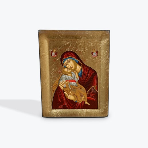 Virgin Mary Glykofilousa - Sweet Kissing - - Wooden Icon In Canvas With Gold Background On Carved Wood - Mount Athos