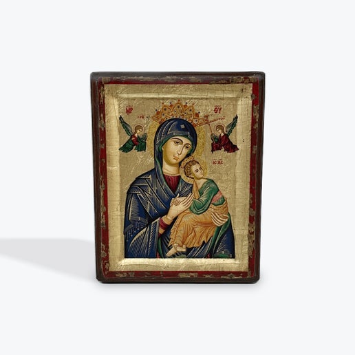 Virgin Mary Perpetual Help - Aged Wooden Icon In Canvas With Gold Background On Carved Wood - Mount Athos
