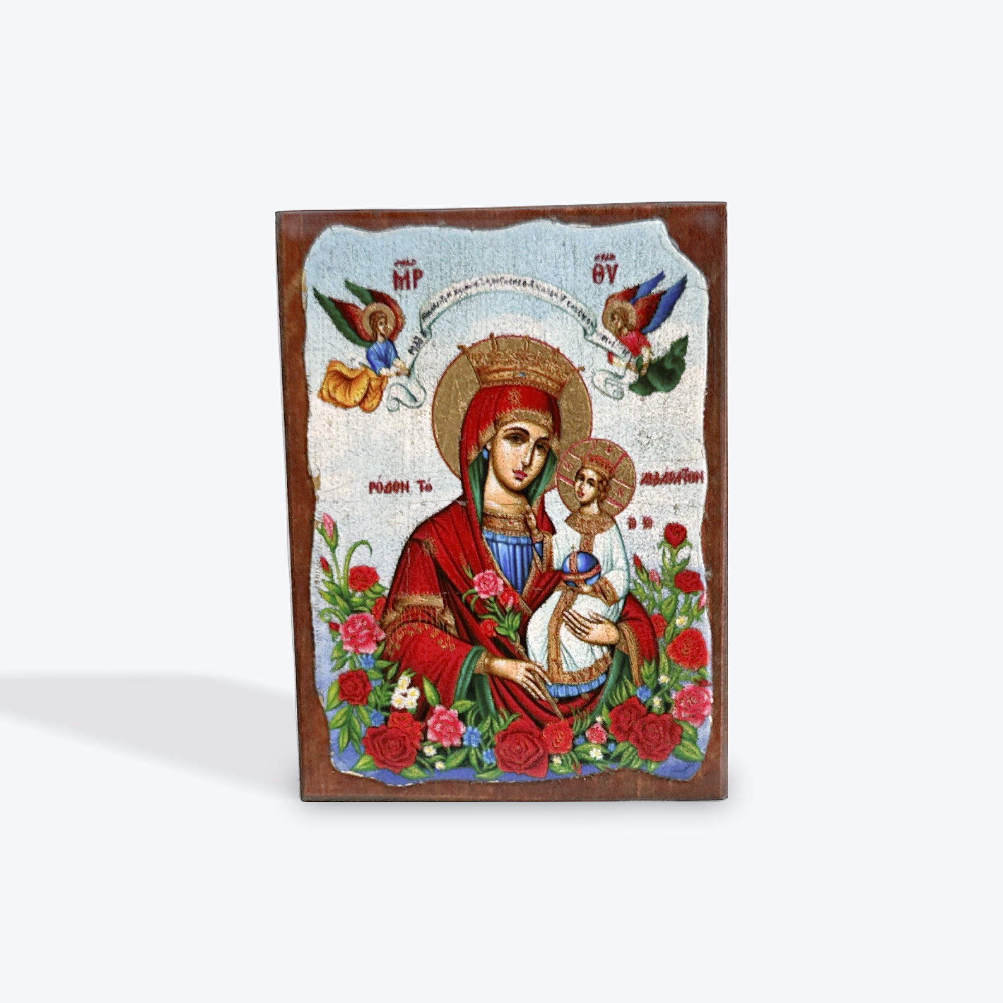 Aged Wooden Icon In Canvas With Gold Background - Mount Athos - 8 X 7 CM
