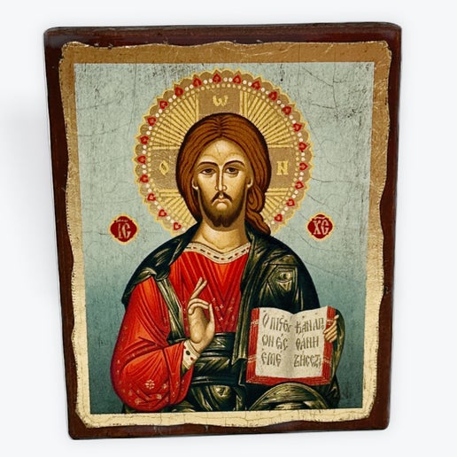 Jesus Christ From Kazan - Aged Wooden Icon In Canvas With Gold Background - Mount Athos