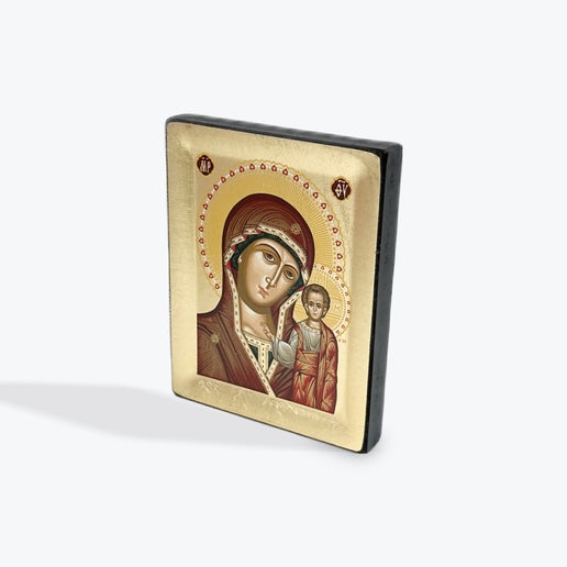 Virgin Mary Of Kazan - Wooden Icon In Canvas With Gold Background On Carved Wood - Mount Athos