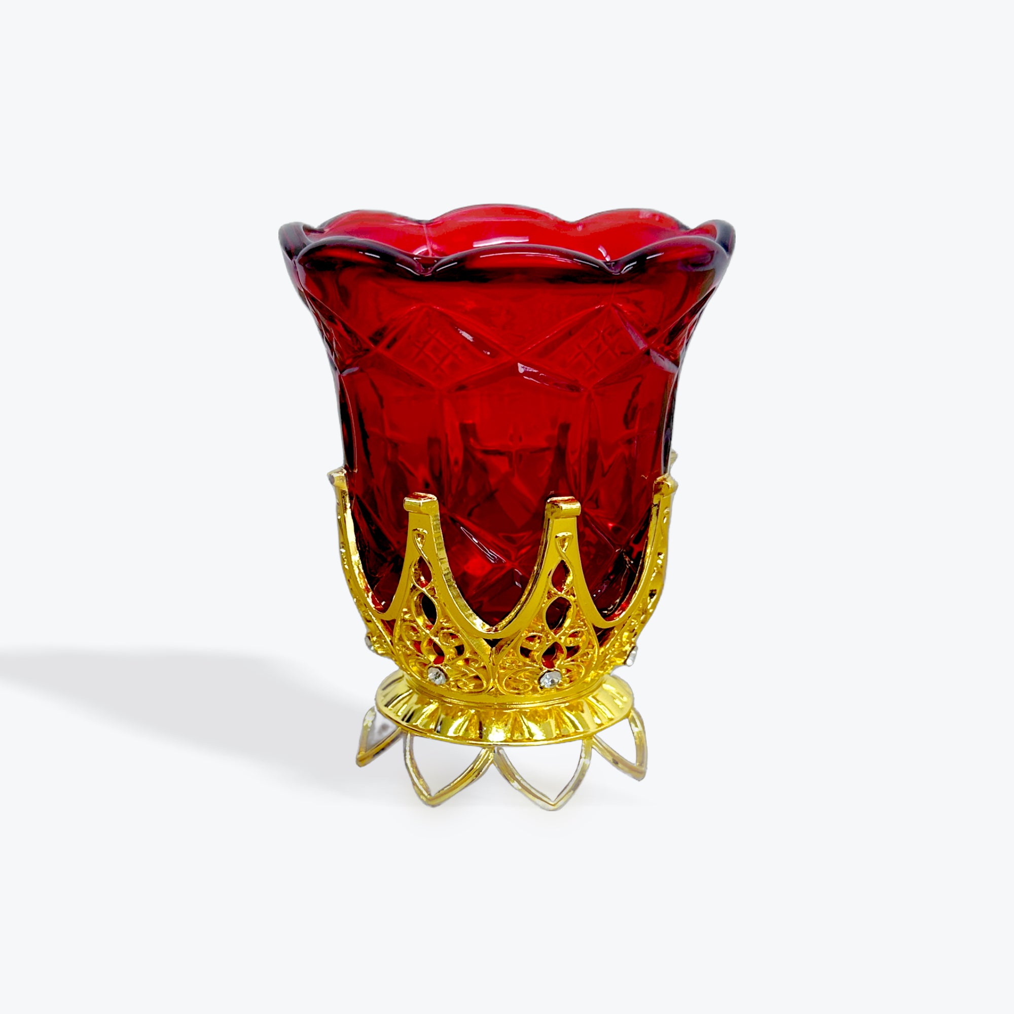 RED GLASS CANDLE WITH GOLDEN HOLDER