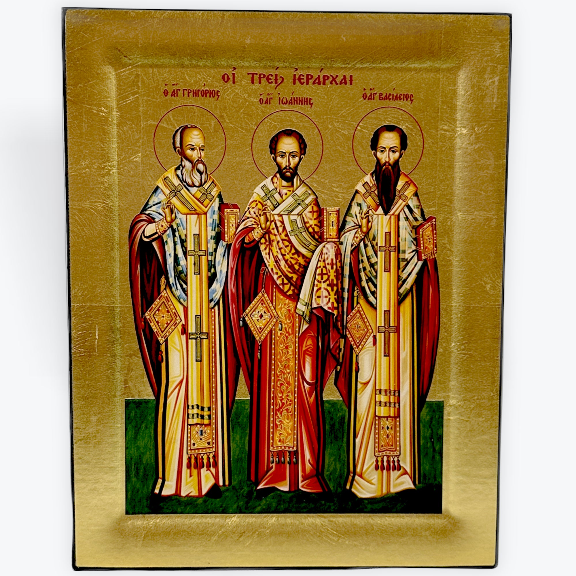 Three Hierarches - - Wooden Icon In Canvas With Gold Background On Carved Wood - Mount Athos