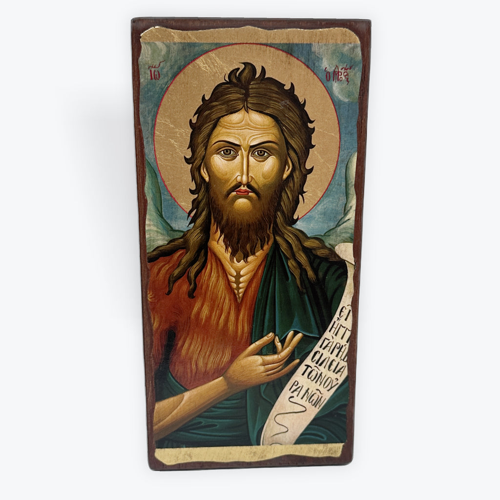 Saint John The Baptist - Aged Wooden Icon In Canvas With Gold Background - Mount Athos