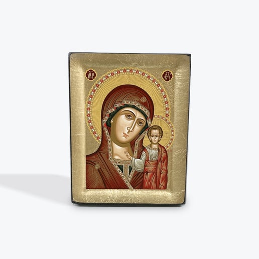 Virgin Mary Of Kazan - Wooden Icon In Canvas With Gold Background On Carved Wood - Mount Athos